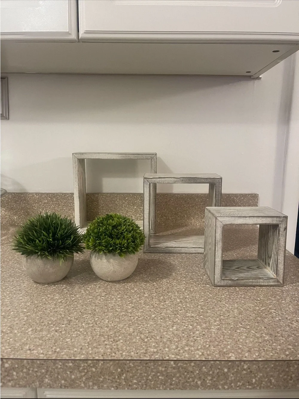 Neutral Wood Cube Set with Green Faux Topiaries